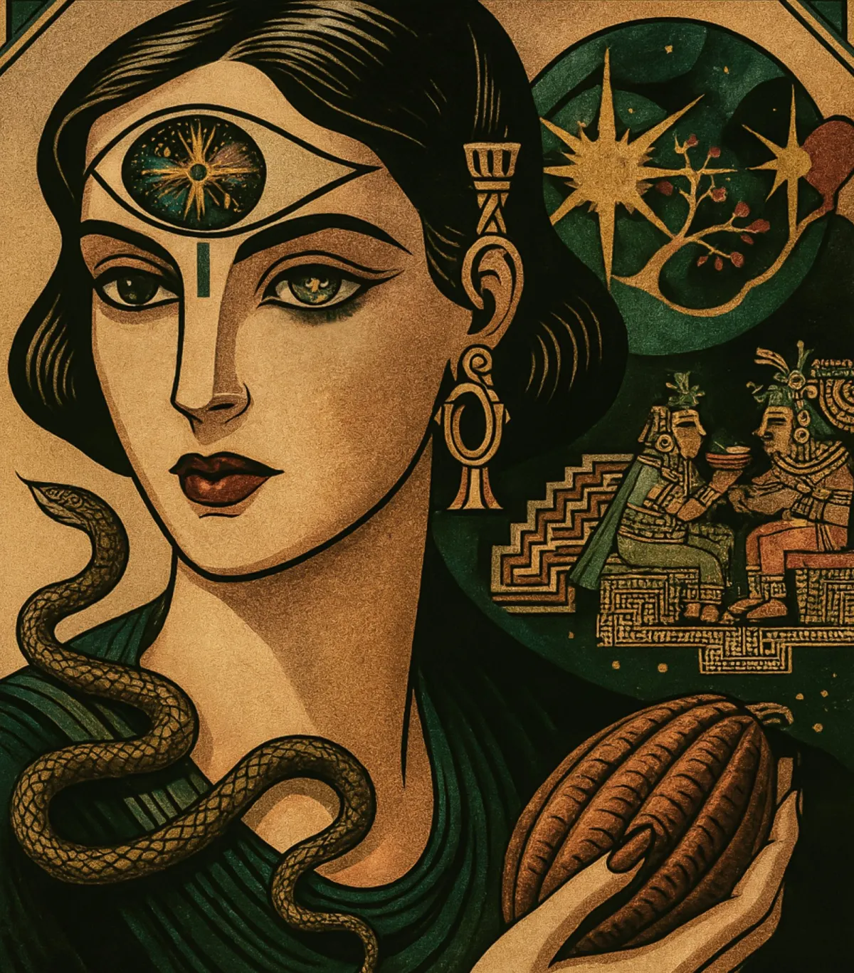 Illustration of a woman with a third eye, a serpent and a cacao pod