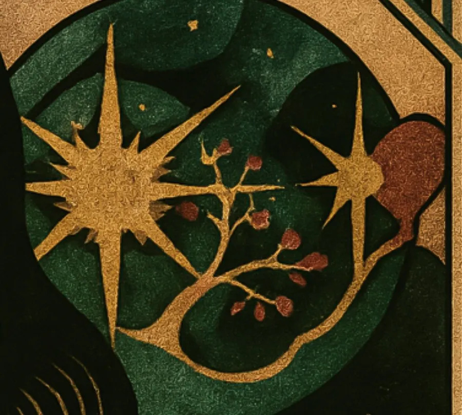 Illustration of a golden star and a flowering cacao branch